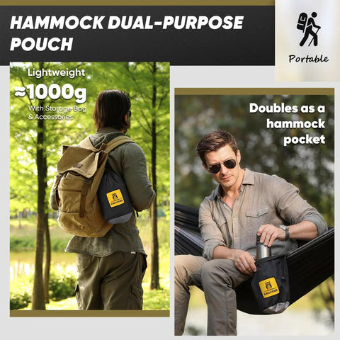 Bug Free Camping Hammock With Mosquito Net 500 Lb Capacity Includes Tree Straps bag, showing lightweight portability
