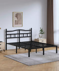 Queen Size Metal Platform Bed Frame In Black With Secure Headboard Heavy Duty Steel Slats in a modern bedroom setting.