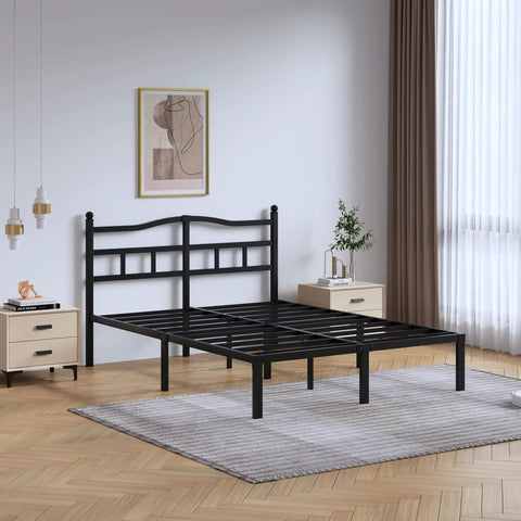 Queen Size Metal Platform Bed Frame In Black With Secure Headboard Heavy Duty Steel Slats in a modern bedroom setting.