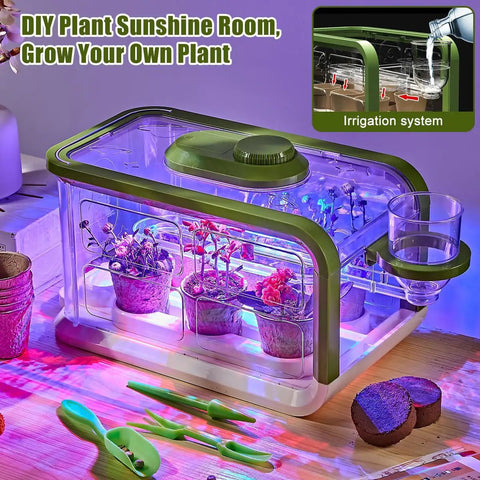Kid Friendly Garden Grow Kit With Drip Irrigation And Grow Lights Mini Greenhouse for STEM Fun Plant Growing Kit