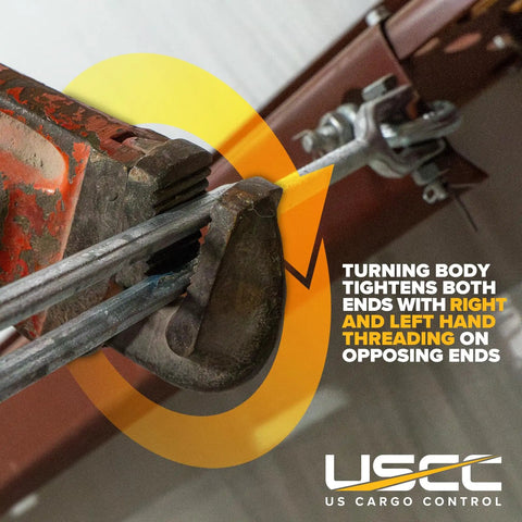 Heavy Duty Jaw And Jaw Turnbuckles Three Eighth By Six Inch 60 Pack showing right and left hand threading in use for cable tightening.