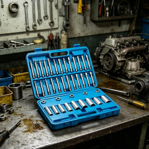 39 Piece Strut Service Kit With Piston Rod Holder And Nut Socket Set For Car Suspension Repair in blue case on workshop bench