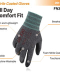 Nitrile Work Gloves FN330 With All Day Comfort And 3D Stretch Fit, shown with labels highlighting features like breathable, touchscreen.