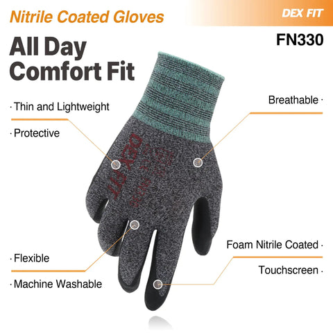 Nitrile Work Gloves FN330 With All Day Comfort And 3D Stretch Fit, shown with labels highlighting features like breathable, touchscreen.
