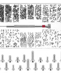 500 Piece Micro Screws Kit With M1.2 M1.4 M2.0 Metric Sizes Hella Tough Carbon Steel Build Includes Precision Screwdriver and assorted screws.
