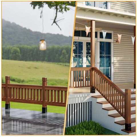 4x4 Post Base Set For Wood Posts 3.5x3.5 Inch Inner Size Rust Proof Heavy Duty Metal Black Powder Coated Railing Brackets installed