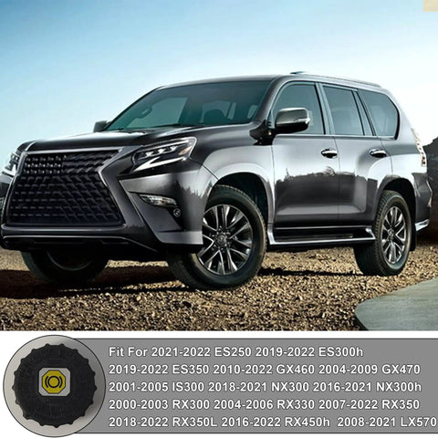 SUV parked on gravel with graphic insert of a brake master cylinder reservoir cap fit for various Toyota and Lexus models.