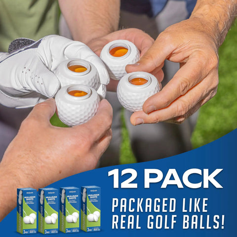 Group of hands holding Mulligan Shots Golf Ball Shot Glasses With Lids 12 Pack Real Golf Ball Look Each 1.5 Oz On Course Barware