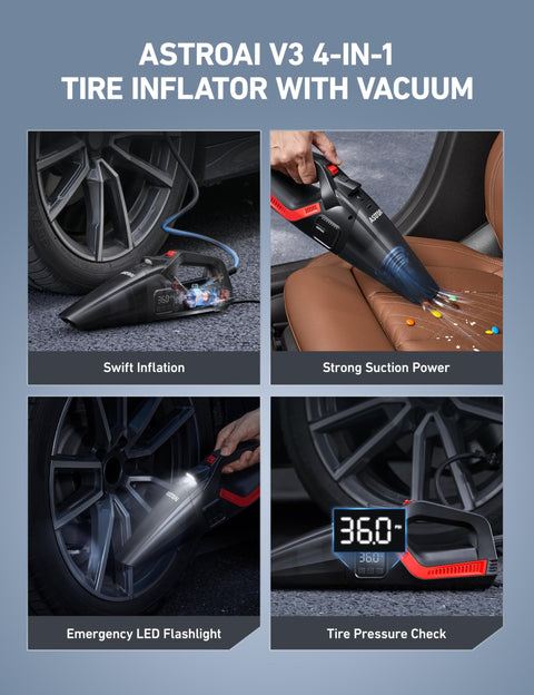 4 In 1 Portable Car Vacuum And Tire Inflator With Led Light And Digital Dual Displays 150 PSI Air Compressor in use