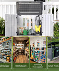 Outdoor Resin Storage Cabinet With 35 Cu Ft Capacity Waterproof Horizontal Shed For Garbage Bin Generator And Lawn Mower Weatherproof And Built To Last White, open with tools inside