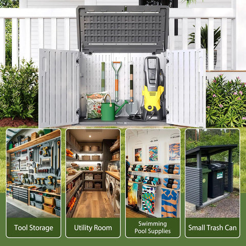 Outdoor Resin Storage Cabinet With 35 Cu Ft Capacity Waterproof Horizontal Shed For Garbage Bin Generator And Lawn Mower Weatherproof And Built To Last White, open with tools inside