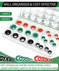 120 Piece AC Compressor Seal Washer Kit with 18 Sizes and Three Colors Red Green Black for Automotive Air Conditioning System Port Seals