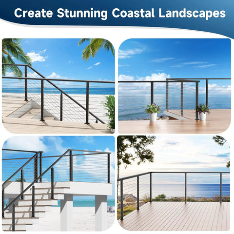 Heavy Duty 10 Ft Black Aluminum Handrails 4 Pack Slick Rectangular Flat Top Rails For Deck Stairs And Cable Railing Systems Weatherproof installed on coastal deck.