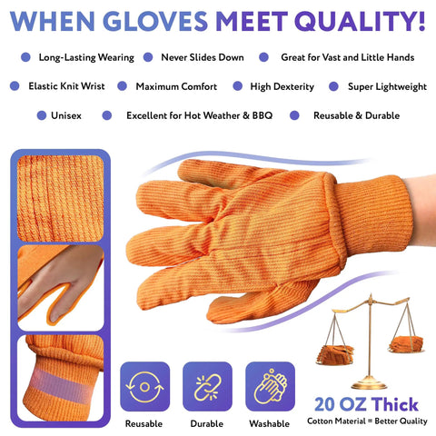 Badass Heat Resistant Work Gloves, High Visibility Orange Cotton And Polyester Blend With Secure Knit Wrist, Massive Pack Of 24 shown with a hand wearing a glove.