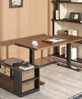 Electric Height Adjustable L Shaped Standing Desk With Massive Storage Cabinet And Open Shelving In Rich Black Walnut Finish, workspace with coffee.