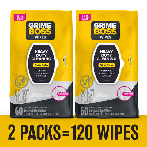 Heavy Duty Surface And Hand Wipes 2 Pack 60 Count Pre Moistened Shop Wipes Tackle Paint Oil Grease Adhesives Mud And Dirt