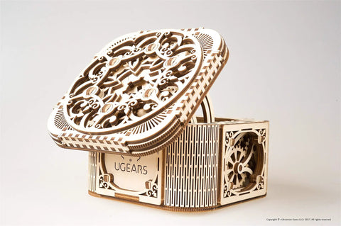 Hidden Key Treasure Box Puzzle With Secret Mechanisms 3D Wooden Puzzle Box For Adults Mechanical Safe Box With Dual Lock Brain Teaser And Hobby Kit Victorian style wooden box with ornate lid and gear side view