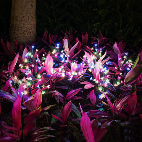 Two Pack Cherry Blossom Solar Garden Lights Outdoor Waterproof Decor Lamps With Heavy Bulb Base Two Modes Patio Yard Garden Accent Lighting For Lit Nighttime Vibes illuminating vibrant plants at night