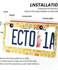 Hella Dope Yellow And Orange Cheese Design License Plate Frames 2 Pack showcasing installation details with screws and license plate.