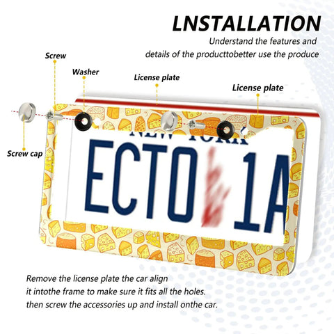 Hella Dope Yellow And Orange Cheese Design License Plate Frames 2 Pack showcasing installation details with screws and license plate.