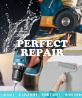 Collage showing pool putty repair uses: water resistance, drillable, polishable, paintable surface applications.