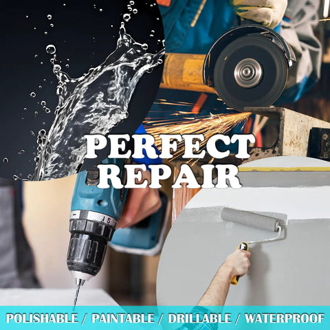 Collage showing pool putty repair uses: water resistance, drillable, polishable, paintable surface applications.