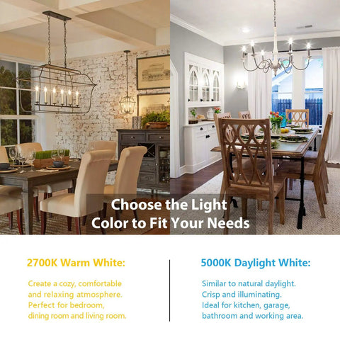 Side-by-side comparison of 2700K warm white and 5000K daylight white lighting in dining rooms with chandeliers, highlighting bulb color difference.