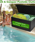 Heavy Duty 270 Gallon Outdoor Storage Box With Solid Locking Lid beside pool, showing swim floats and dry towels organized.