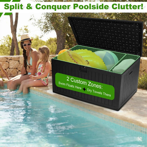 Heavy Duty 270 Gallon Outdoor Storage Box With Solid Locking Lid beside pool, showing swim floats and dry towels organized.