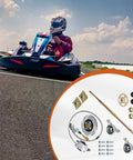 32 Inch Go Kart Rear Axle Kit With Shaft Hub And Brake Master Cylinder Replacement For Go Kart ATV Quad Drift Trikes Heavy Duty Chrome Live Axle Supports 500 Lbs Fits 6 To 10 Wheel Setups visible next to a go kart on a track.