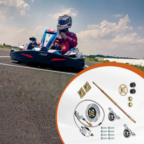 32 Inch Go Kart Rear Axle Kit With Shaft Hub And Brake Master Cylinder Replacement For Go Kart ATV Quad Drift Trikes Heavy Duty Chrome Live Axle Supports 500 Lbs Fits 6 To 10 Wheel Setups visible next to a go kart on a track.