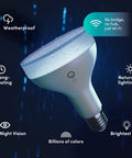 Wi-Fi Smart Infrared BR30 LED Bulb With 1100 Lumens, Billions Of Colors And Whites, No Hub Needed, with rain droplets in dark.