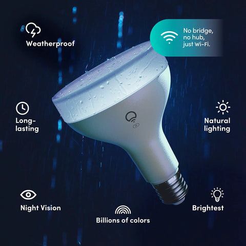 Wi-Fi Smart Infrared BR30 LED Bulb With 1100 Lumens, Billions Of Colors And Whites, No Hub Needed, with rain droplets in dark.