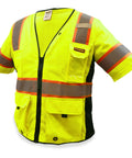 Built Darn Tough Hella Breathable Class 3 High Visibility Safety Vest With Bright Reflective Tape And Kickass Organization Pockets For Men Construction Surveyors Yellow Large Sizes shown in side view with reflective stripes and pockets.