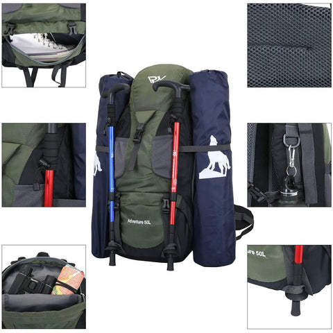 Front view of Ultra Lightweight 50L Hiking Backpack For Men And Women Durable 2.2 Lb Camping Pack showing compartments and straps.