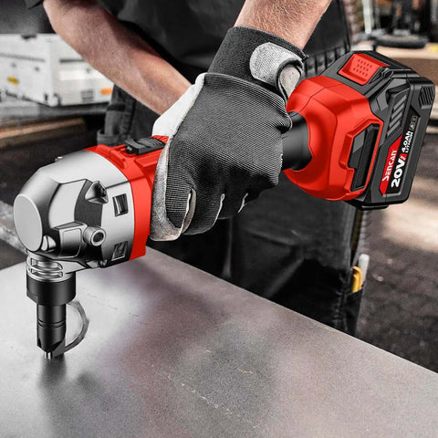 Person using Cordless Metal Nibbler 16 Gauge Cutter with 360 Degree Rotating Blade and 1900 RPM Brushless Motor on metal sheet
