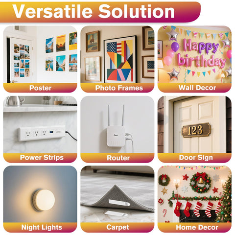 Versatile solution uses for Heavy Duty Picture Hanging Strips XL with posters, frames, wall decor, power strips, routers, door signs.