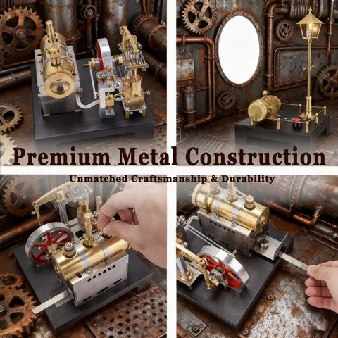 Mini Steam Engine Kit 2 In 1 Beam Engine With Boiler And Lamp Scene DIY Full Metal Build in industrial setting, hands-on view