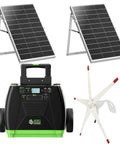 Elite Gold Off Grid Power System 3600W Solar And Wind Pure Sine Wave Kit with cart, two solar panels, and wind turbine
