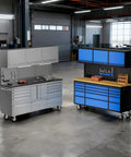 72 Inch Tool Cabinet Set With Blue Chest And Stainless Steel Cabinet Two Pack Rolling Workshop Storage With Power Outlet LED Lighting