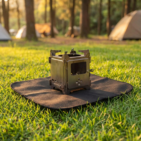 2 Pack Tough Fireproof Mat With High Heat Resistant Carbon Felt Blanket For Welding BBQ Pit And Grill Stove To Stop Sparks Safe Underlay under a camping stove on grass.