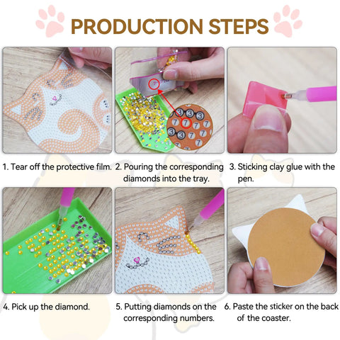 Step-by-step guide for Cat Diamond Painting Coaster Kit Set With Holder Dope 6 Piece Diamond Art Coasters DIY Crafts For Adults Includes Diamond Pen Tray Glue And Extra Diamonds.