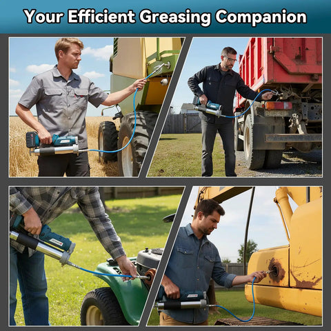 Beefy Cordless 12,000 PSI Heavy Duty Grease Gun with 2x6000mAh Batteries in use on farm and construction equipment