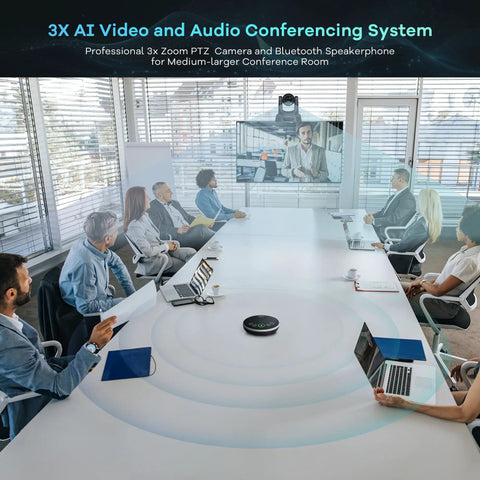 Meeting room with Plug And Play AI Auto Tracking PTZ Conference Camera System With Bluetooth Microphones, 3X Optical Zoom, USB 3.0, 1080P 60fps