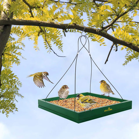 Hanging Bird Feeder Tray Outdoor Garden Platform Wooden Seed Tray With Mesh Feeding Surface for Yard & Patio, Green, with birds feeding.