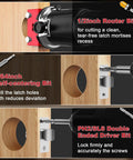 Professional Grade Door Lock Installation Kit And Latch Mortise Tool Paired With Rock Solid Hinge Jig showing router bits and self-centering bit.