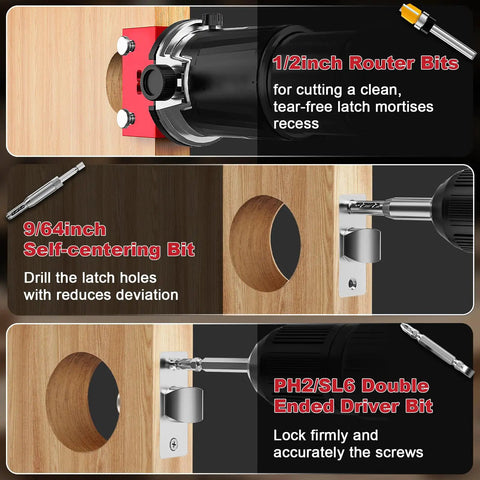 Professional Grade Door Lock Installation Kit And Latch Mortise Tool Paired With Rock Solid Hinge Jig showing router bits and self-centering bit.
