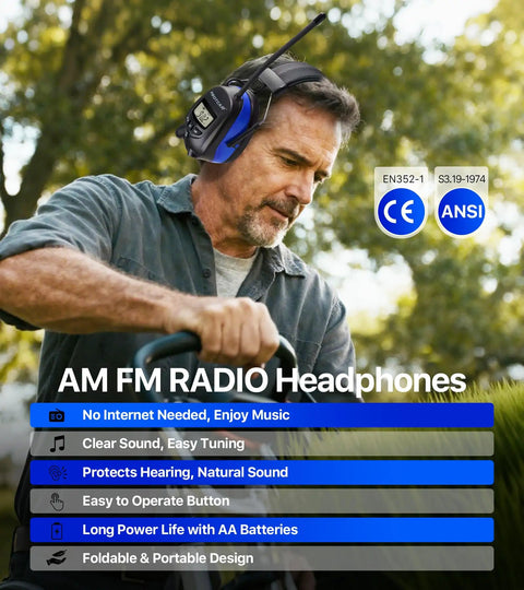 Man wearing Digital AM FM Radio Headphones With 25dB Noise Reduction doing lawn mowing work in a garden