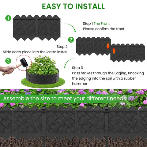 Installation guide for 30Ft Plastic Landscape Edging Border with 5.1 inch exposed height, showing 3D weaving feature.