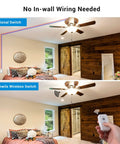 Comparison of traditional vs plug-and-play wireless light switch showing no in-wall wiring for controlling ceiling fan and lights.